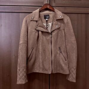 Kut from the Kloth Women’s Quilted Panel Faux Suede Moto Jacket, Taupe, Size S